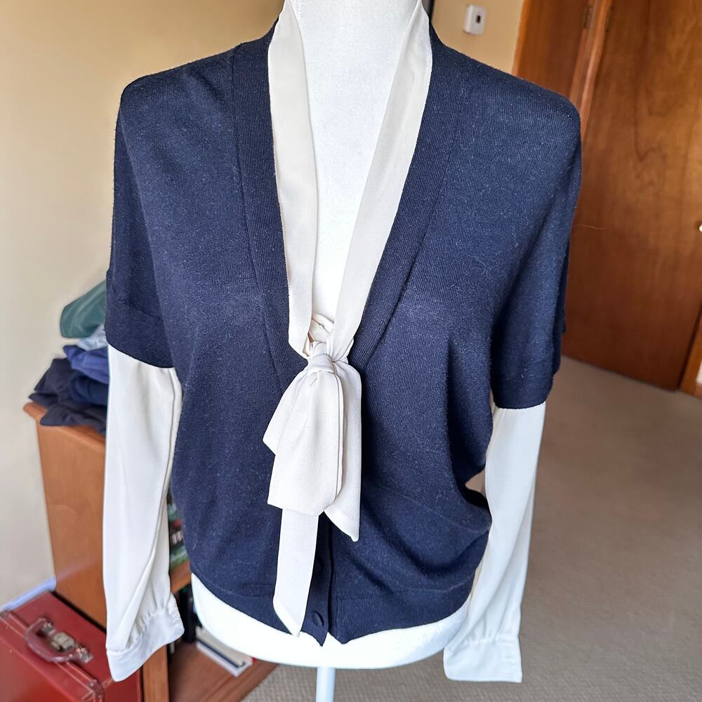 Anthropologie Navy/Cream Layered Tie Neck Sweater Blouse Twee Dark Academia - Picture 3 of 8